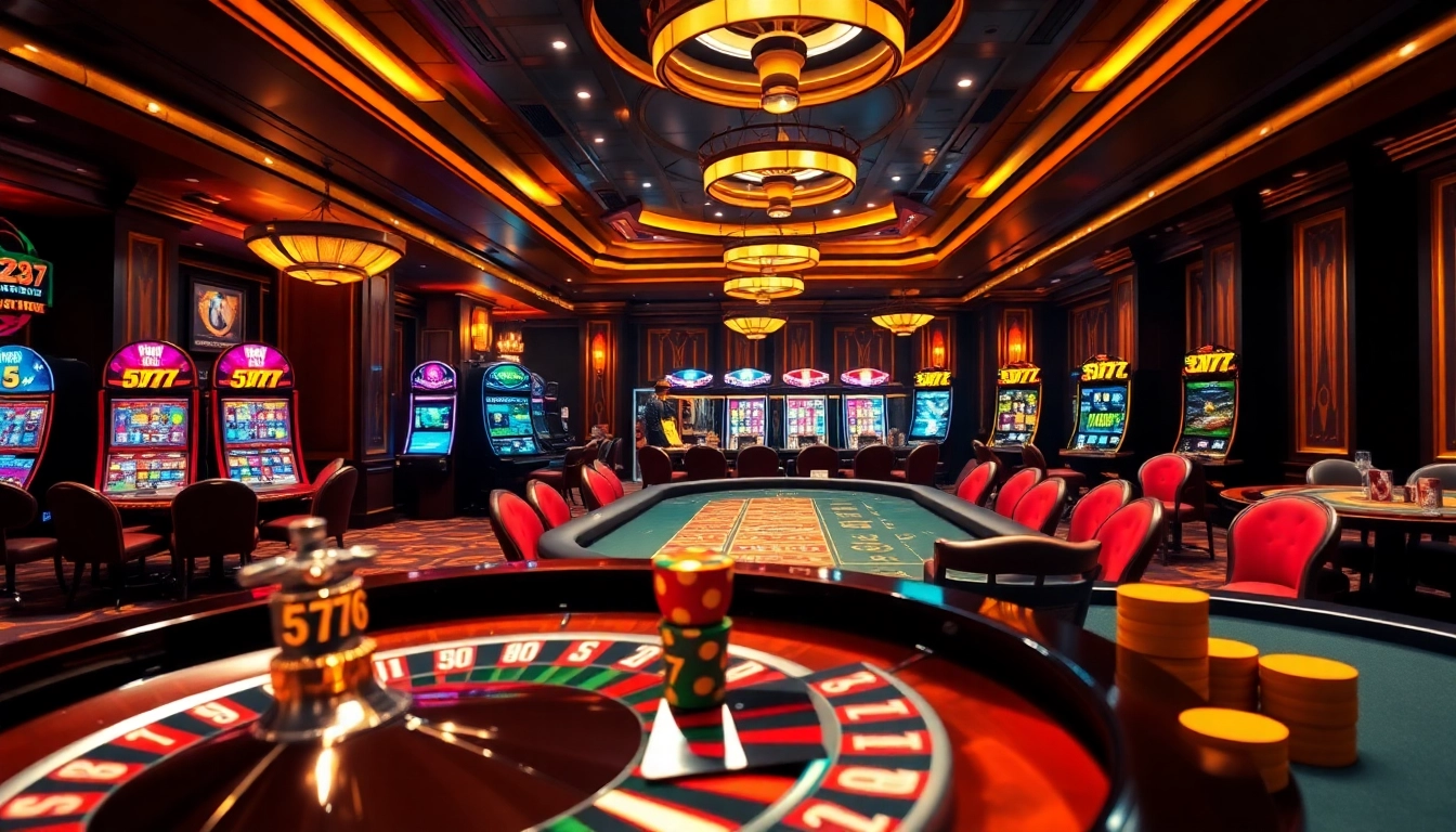 Engaging casino setup with vibrant 5Z777 slot machines, poker table, and roulette wheel.