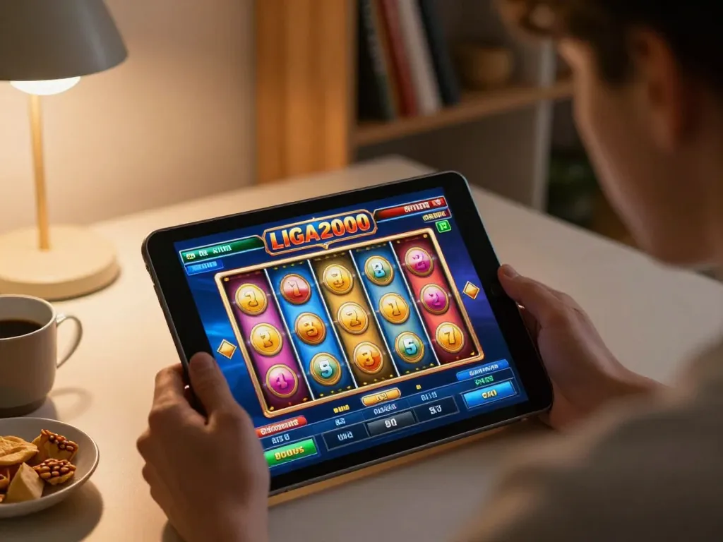 Play thrilling slots on LIGA2000, engaging with colorful reel spins in an inviting home setting.