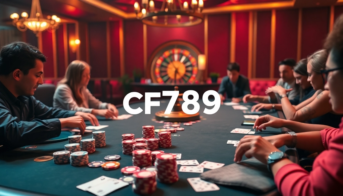 Players enjoying a lively poker game at CF789 casino with colorful chips and cards.