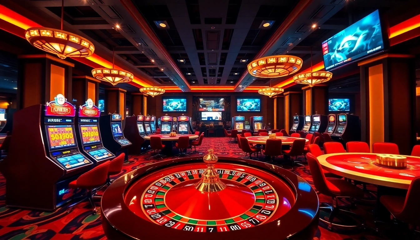 Experience the excitement of RR88 with luxurious casino tables and vibrant slot machines.