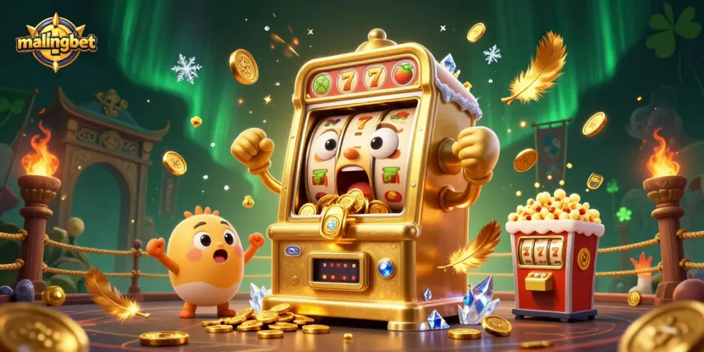Mesin slot emas sentien dari malingbet memukul jackpot sambil dikelilingi oleh mesin slot bayi dan mesin popcorn.