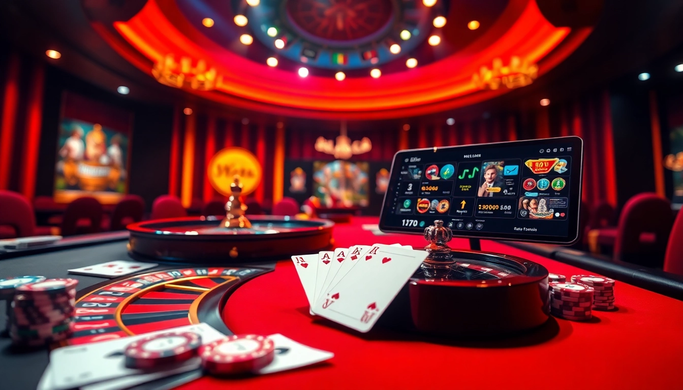 Experience the thrill of gambling at Nhà Cái Luckywin with vibrant casino visuals showcasing roulette and poker.
