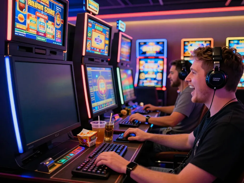 Engaging gameplay on akunjp online casino slot machines with snacks and drinks.