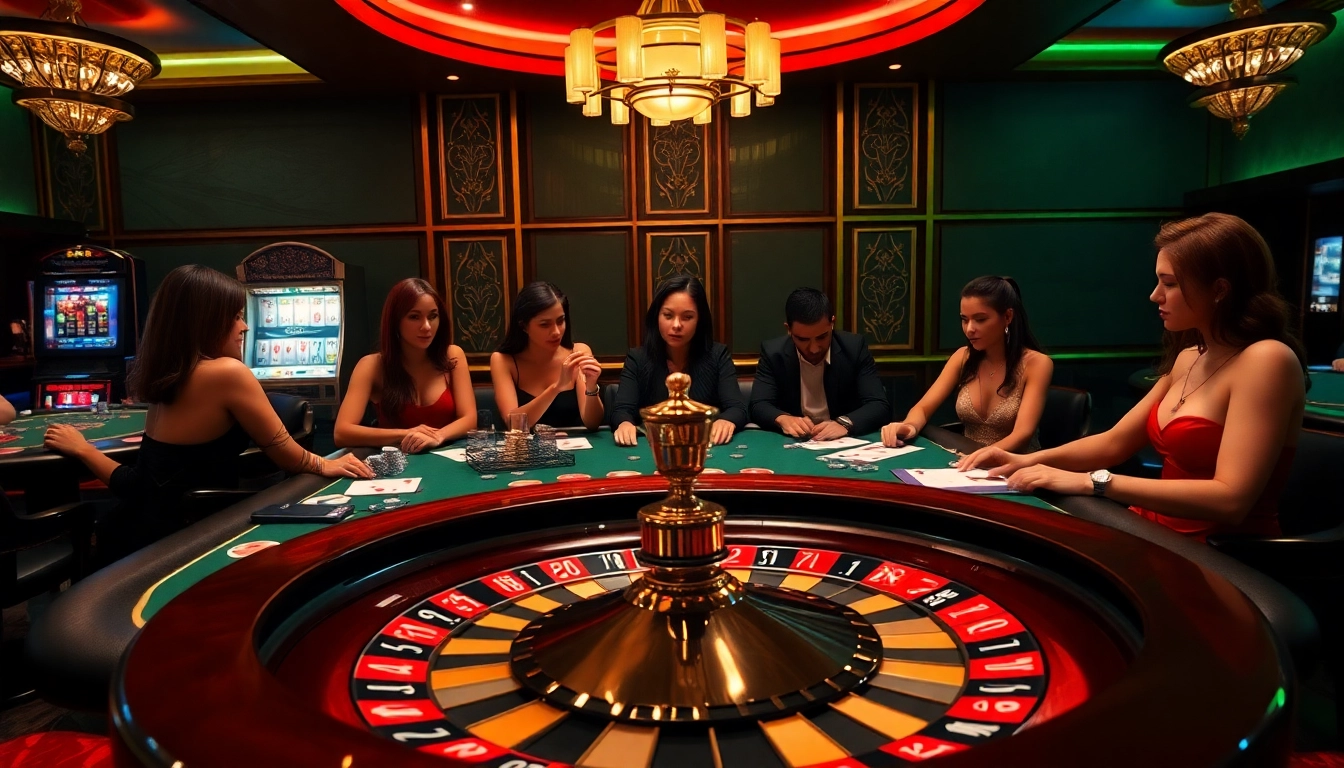Experience thrilling gameplay at https://go88vn.id/ with a glamorous casino scene showcasing poker and roulette.