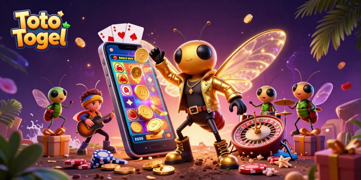 Toto Togel bermain dengan mesin slot dan banyak harta karun di latar belakang