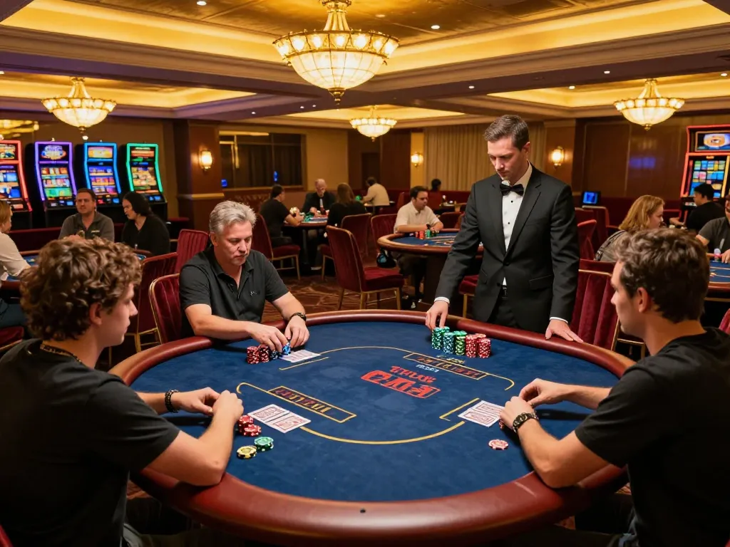 Experience link fly88 at a high-stakes poker table with engaged players and a professional dealer.