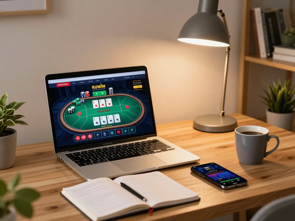 Kuwin online gaming experience with a laptop showing poker game and strategy notes on a cozy desk.
