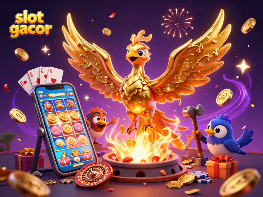 Slot gacor menghasilkan koin emas dengan phoenix logam dan game slot smartphone yang berkilauan.
