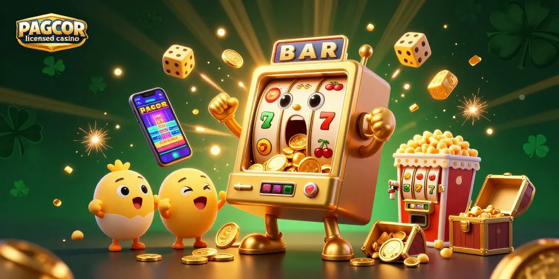 PAGCOR licensed casino jackpot scene featuring a golden slot machine in surprise, baby slots cheering, and vibrant game elements.