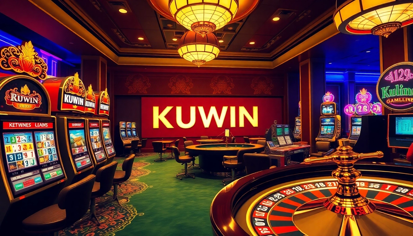 Kuwin gaming scene with thrilling slot machines, poker chips, and lively casino atmosphere