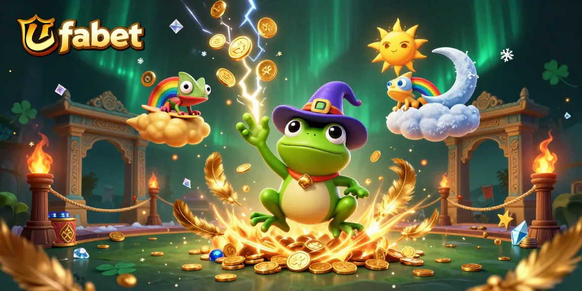 Experience thrilling ufabet gaming with a wizard frog amid coins and chameleon in a vibrant atmosphere.