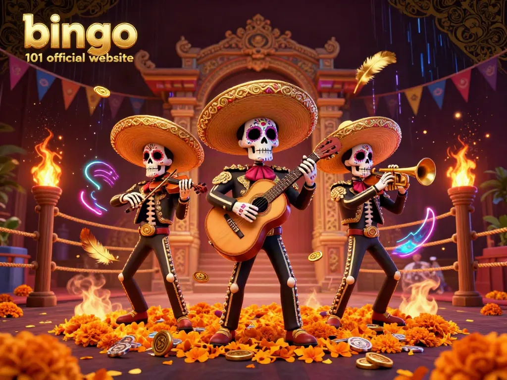 Enjoying a vibrant scene at the bingo 101 official website with mariachi skeletons surrounded by colorful elements.