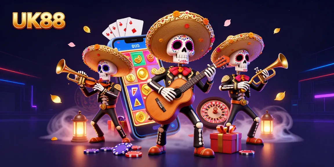 Experience the vibrant UK88 casino atmosphere with animated Dia de los Muertos characters enjoying thrilling games.