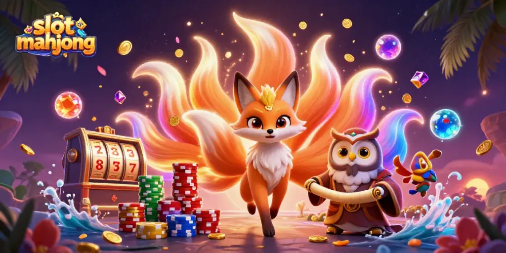 Gambarkan slot mahjong dengan berbagai elemen kasino berkilau dan karakter ceria di tengahnya.