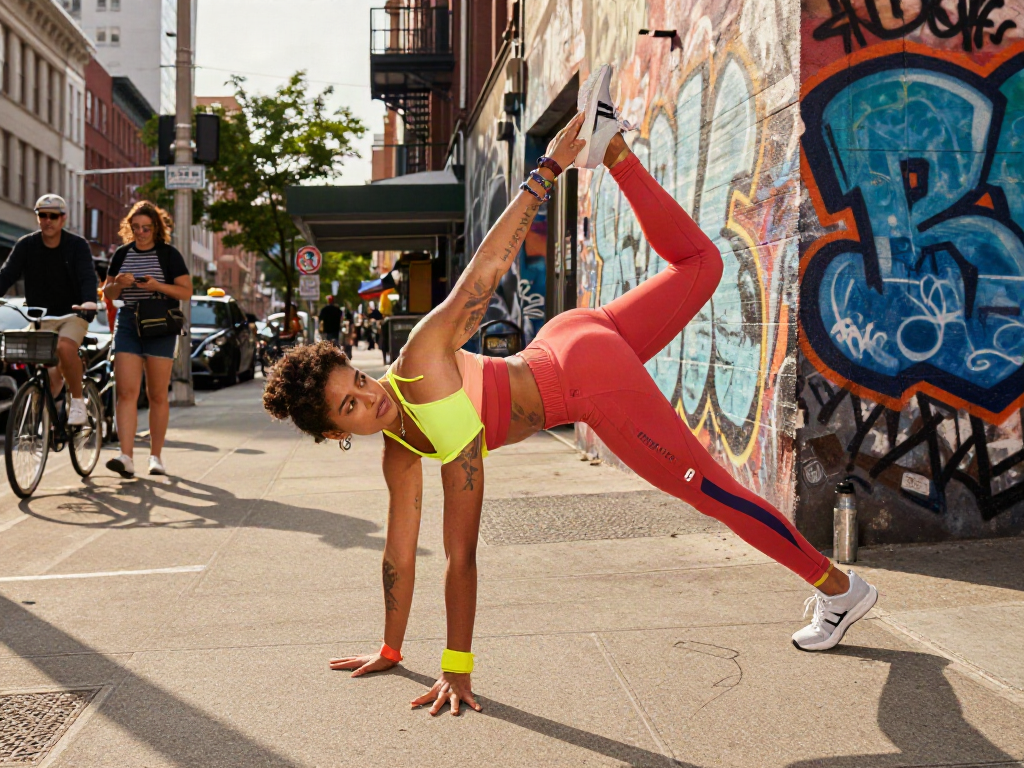 Individual showcasing ALO 8 athleisure wear in urban yoga pose.