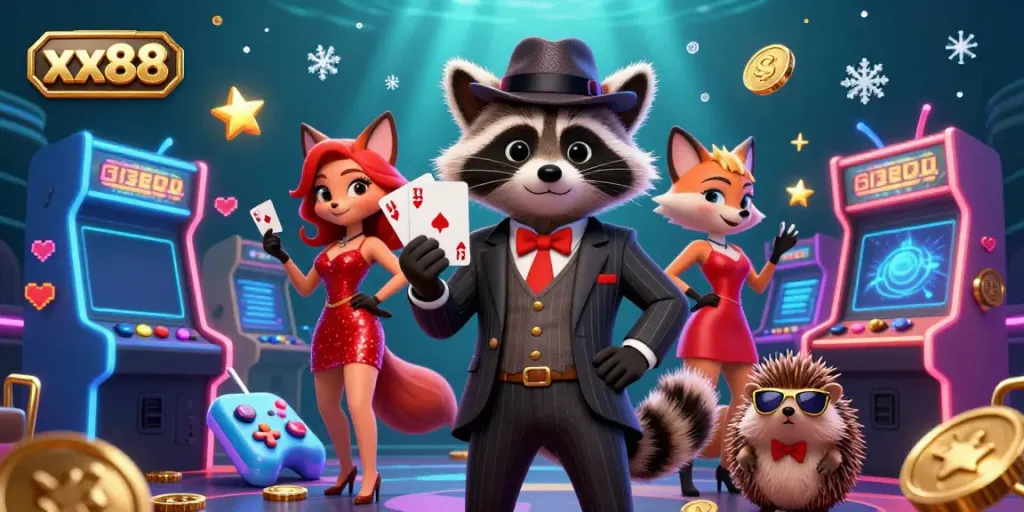 Experience winning at xx88 with a stylish raccoon, fox, and hedgehog in a vibrant casino atmosphere.