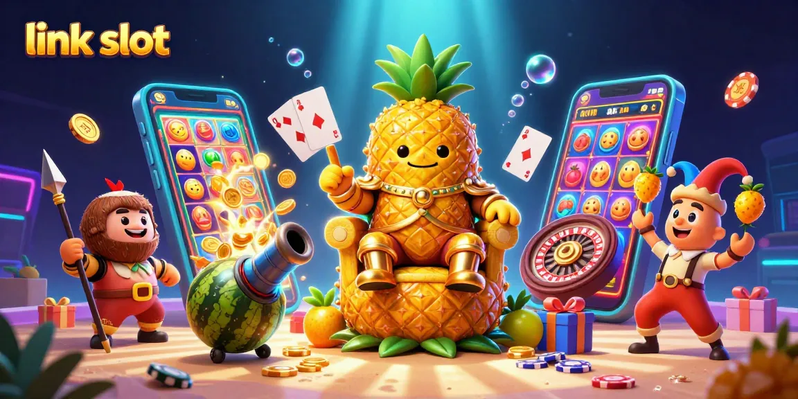 Jelajahi link slot dengan ilustrasi yang menggambarkan kasino penuh warna dengan karakter menarik dan elemen permainan.