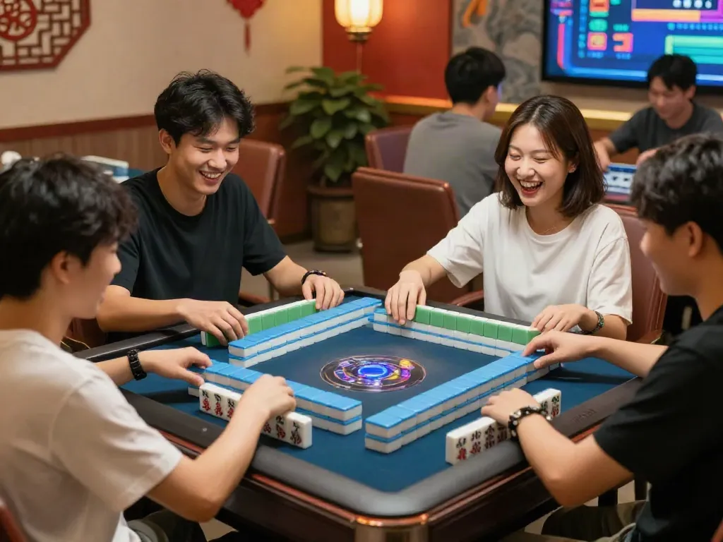 Pengalaman bermain Mahjong Ways yang menarik dengan pemain menikmati permainan di meja modern.