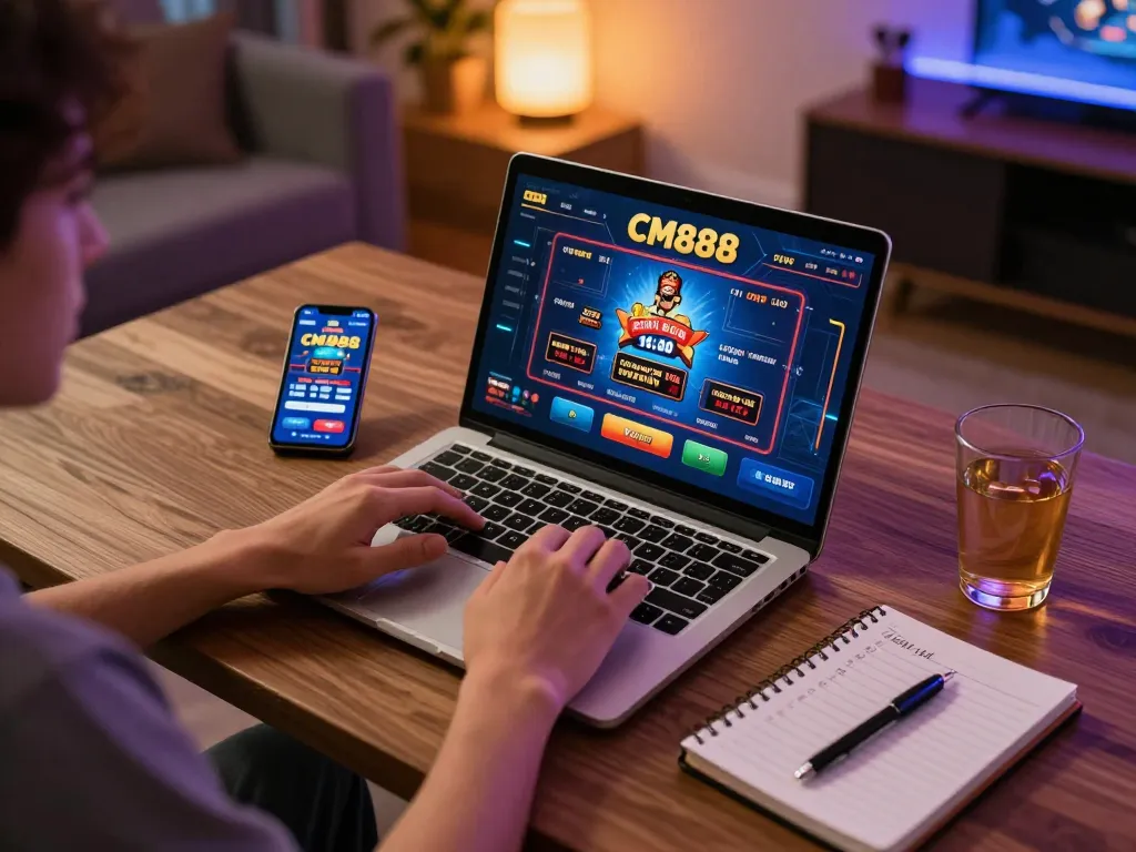 Player immerses in online CM888 casino gaming with strategy notes and mobile app.