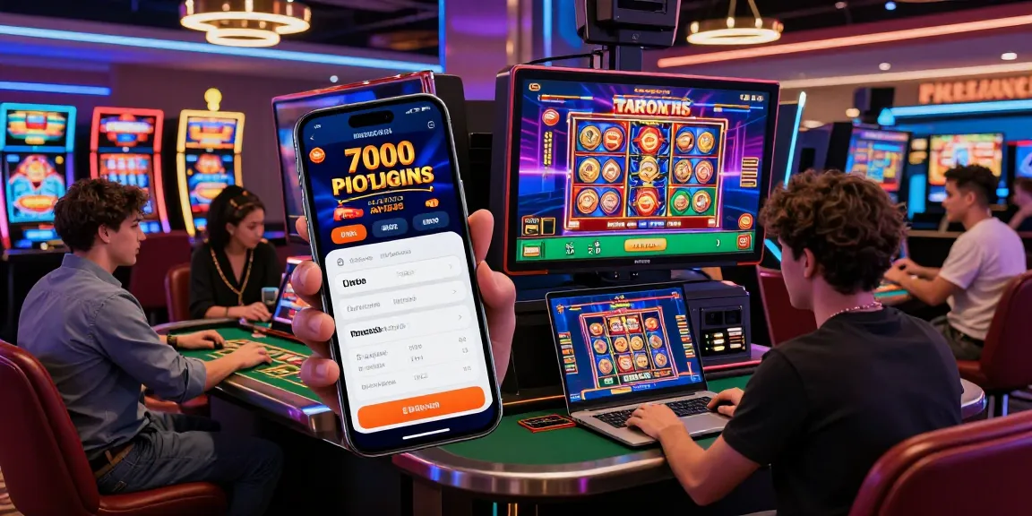 Engaging online gambling scene showcasing slot7000 on various devices in modern casino environment.