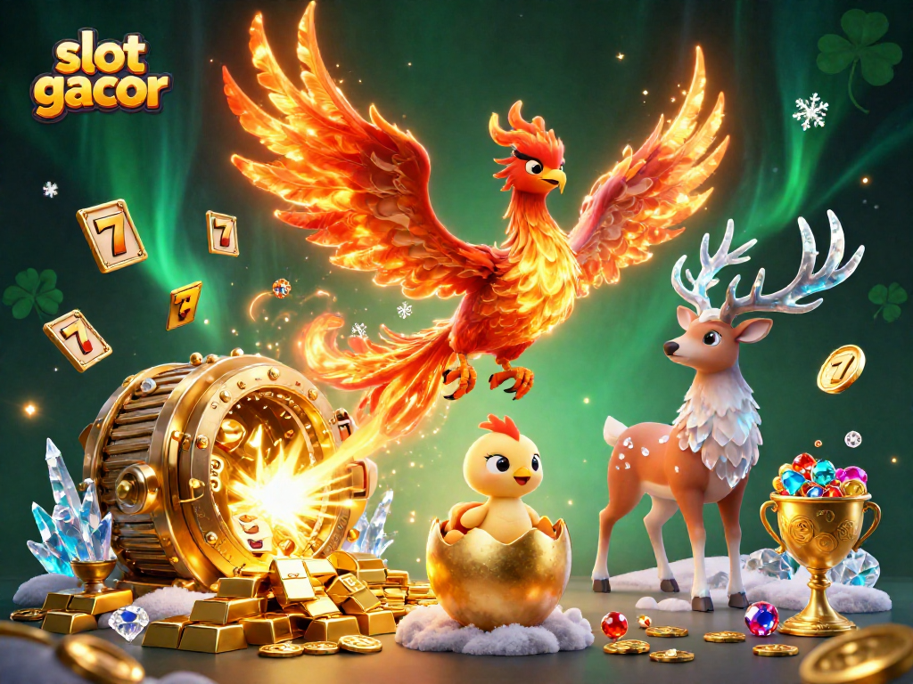 Raih keberuntungan bermain slot gacor dengan gambar phoenix api dan harta karun yang mencolok.