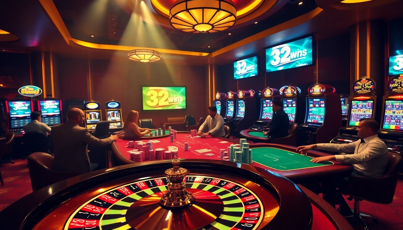 Players enjoying a thrilling game session at 32win3 online casino with vibrant poker chips and roulette.