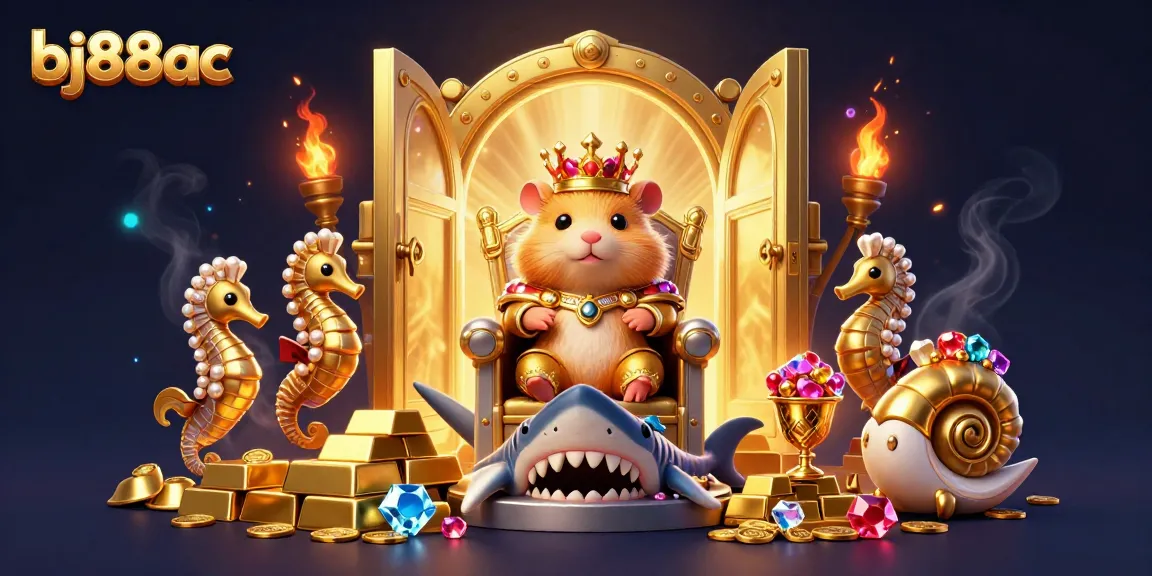 Experience the thrill and treasure of bj88ac with a dazzling 3D illustration featuring a hamster king on a shark tooth throne amidst gold riches.
