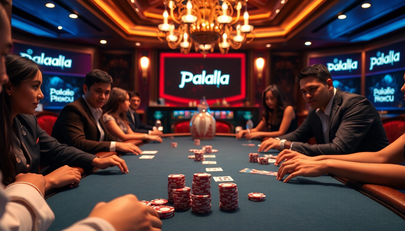 Engaging players in a high-stakes game at pahala4d casino, showcasing poker chips and vibrant cards.