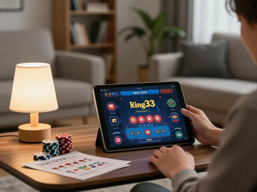 Player enjoying king33 online casino game on tablet with strategic notes nearby.