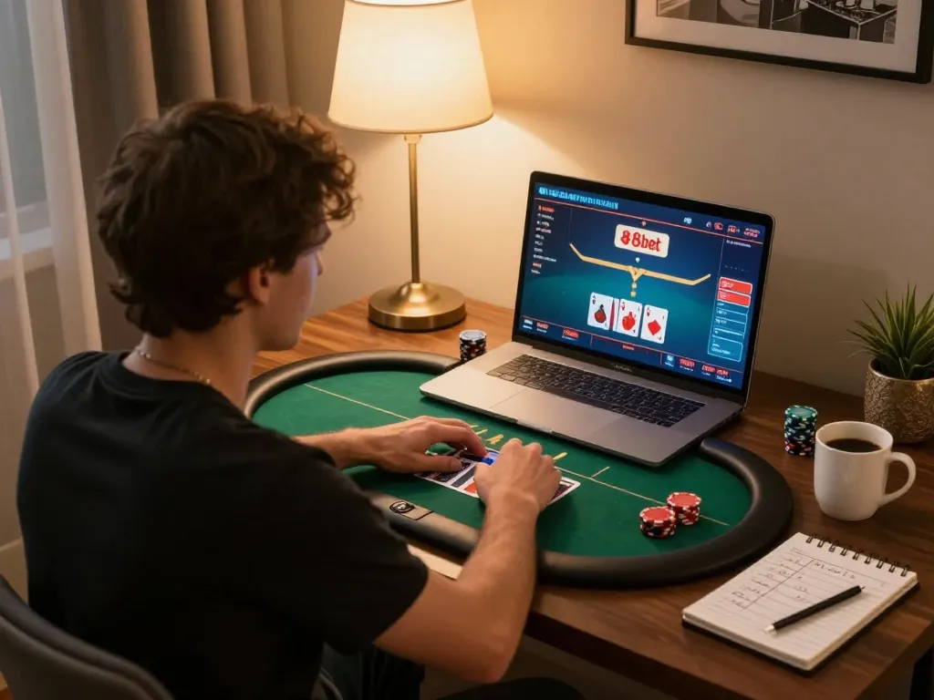 Engaging online poker session on 388bet with player focused on strategy and gameplay.