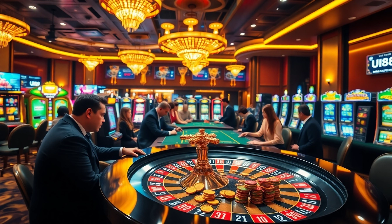 Exciting casino scene featuring UU88, with poker players, roulette wheel, and vibrant slot machines.