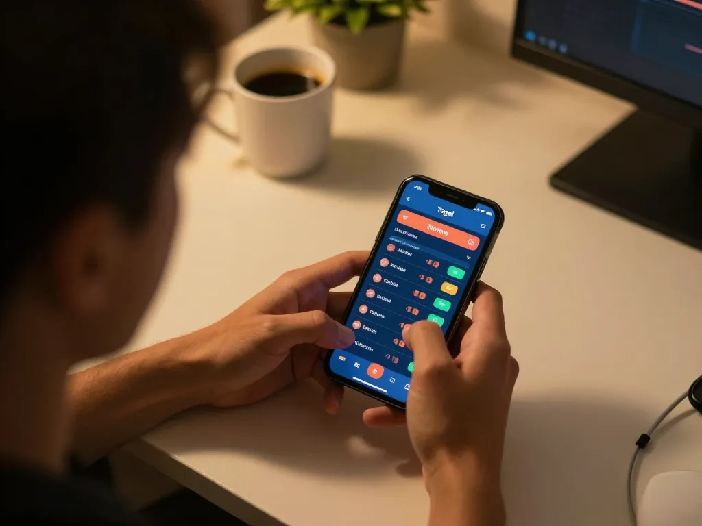 Engaging player analyzing togel betting options on a smartphone, modern gaming setup with warm atmosphere