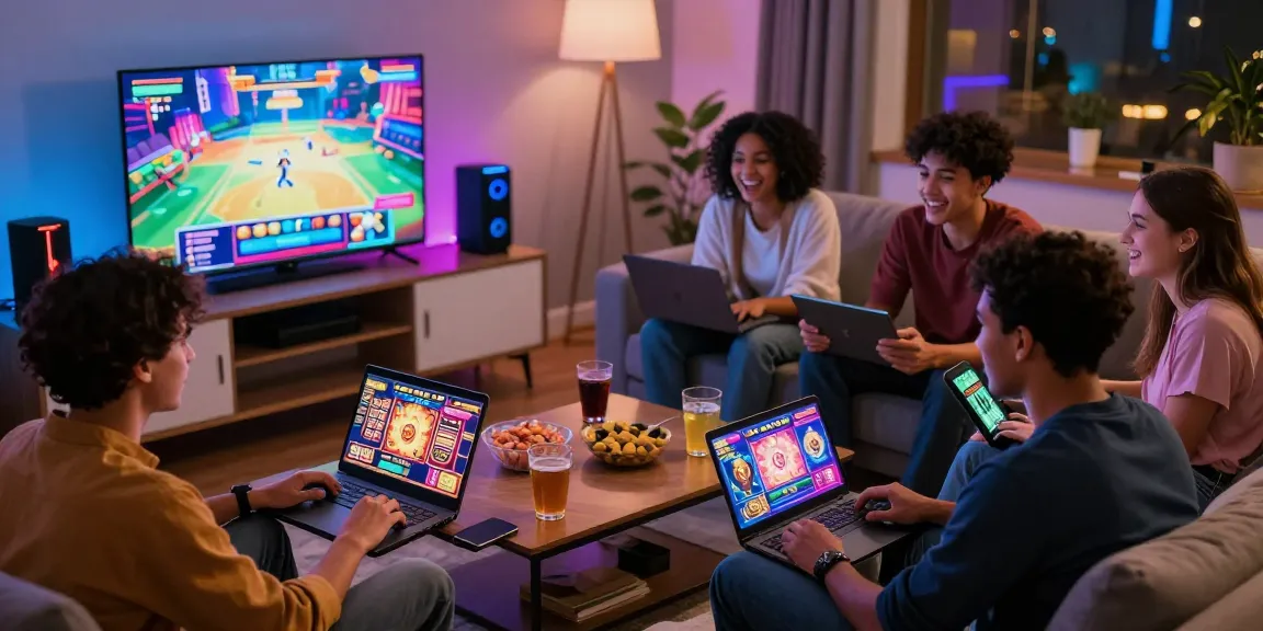 Mpo Cash friends enjoying online gaming in a vibrant living room