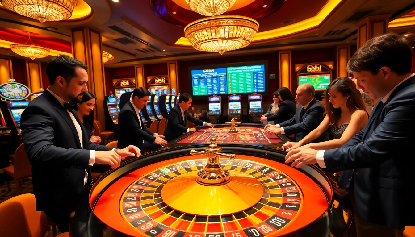 Gamblers placing bets at an exciting 88i casino roulette table, showcasing vibrant casino aesthetics.