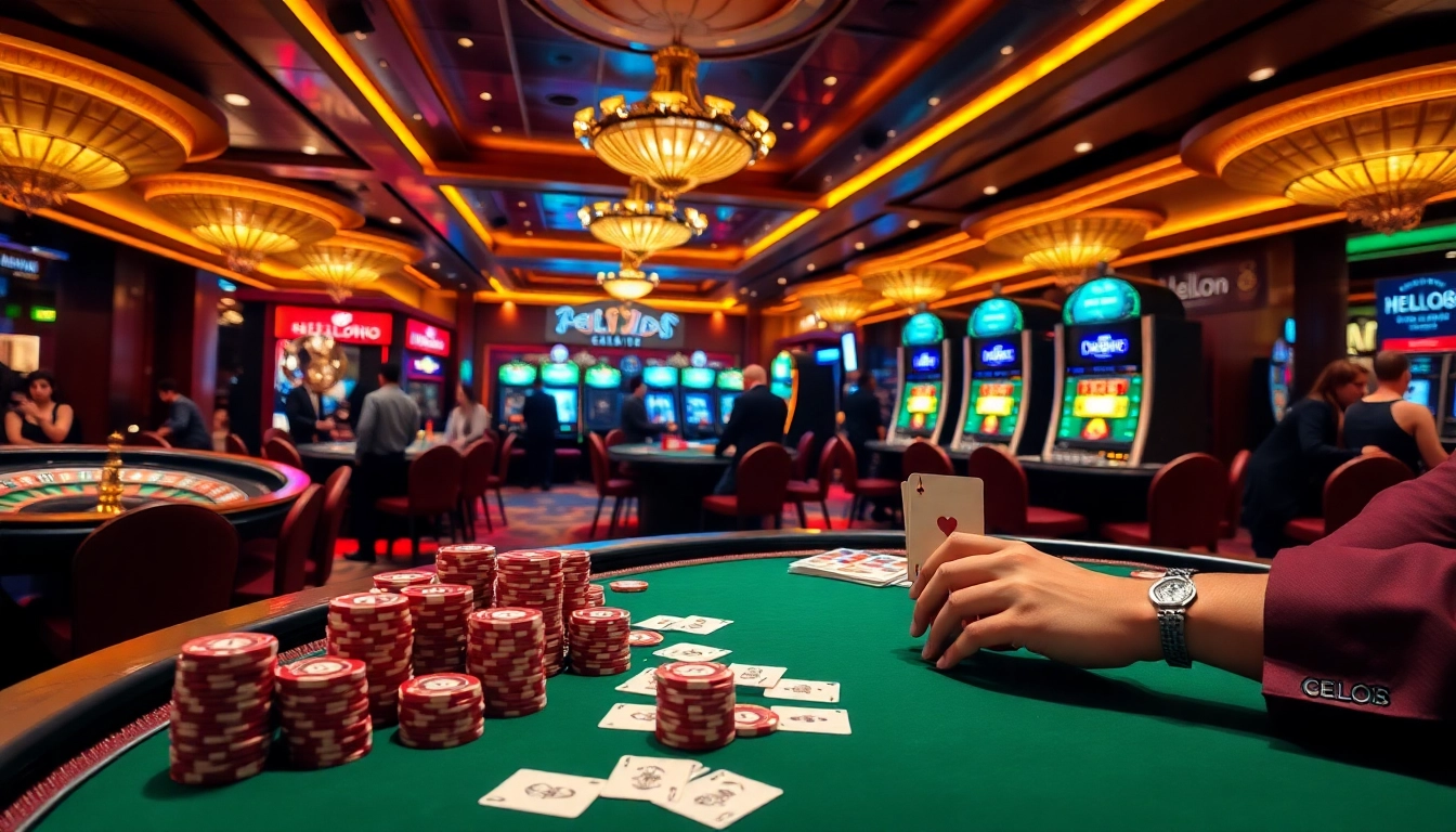 Experience the thrill of Hello88 at a luxurious casino with vibrant poker and slot games.