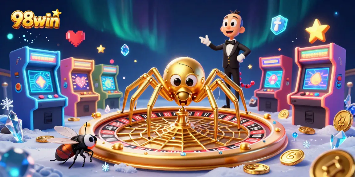 Experience the thrill of 98win with a captivating golden roulette web and playful characters.