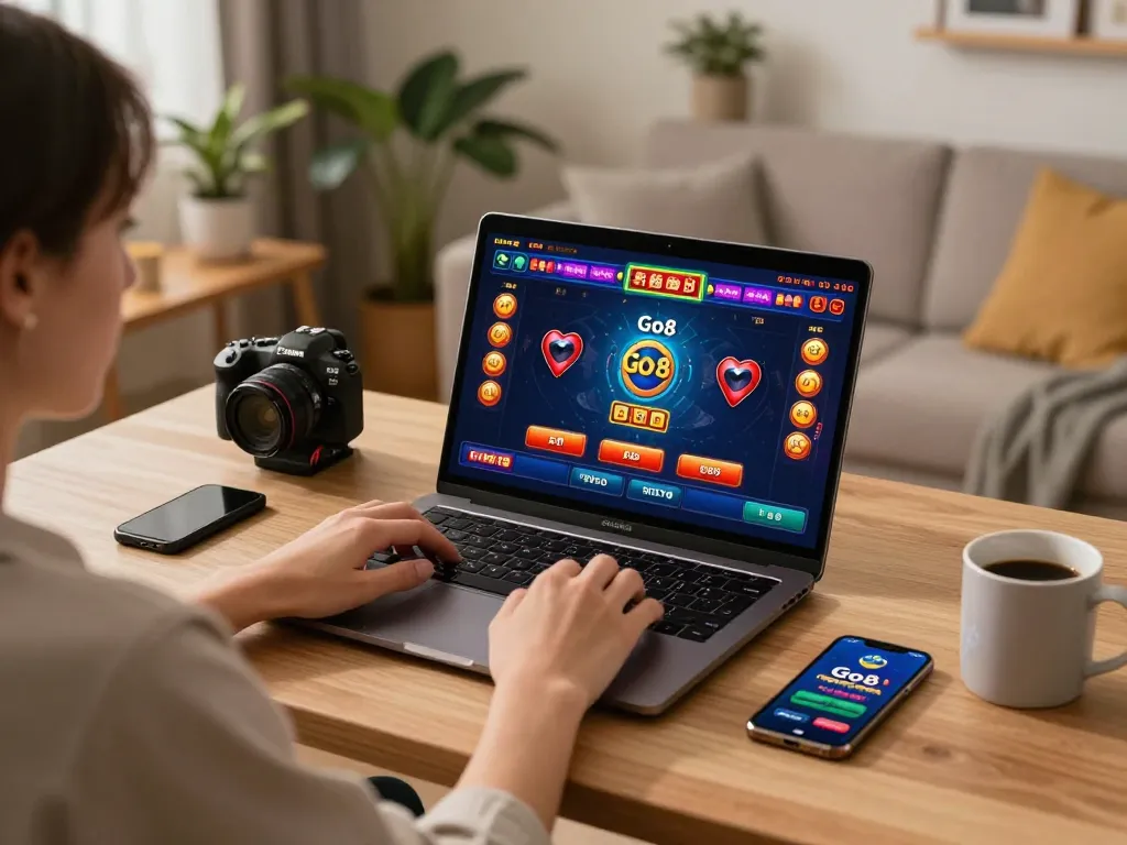 Using Go8 gaming app on a laptop while enjoying a cozy home setup with drinks and accessories.