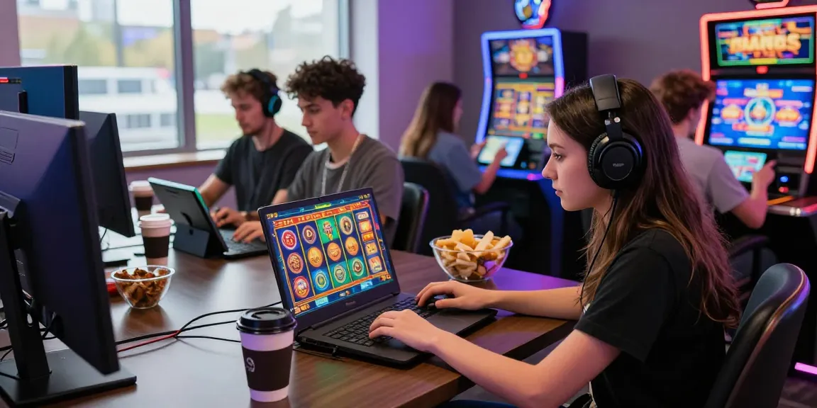 Engaged players exploring new UK slot sites on various devices in a vibrant gaming room.