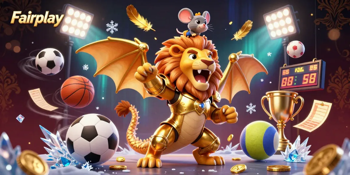 Experience Fairplay gaming excitement with a lion-headed chimera and a mouse jockey amid dynamic sports balls and golden trophies.