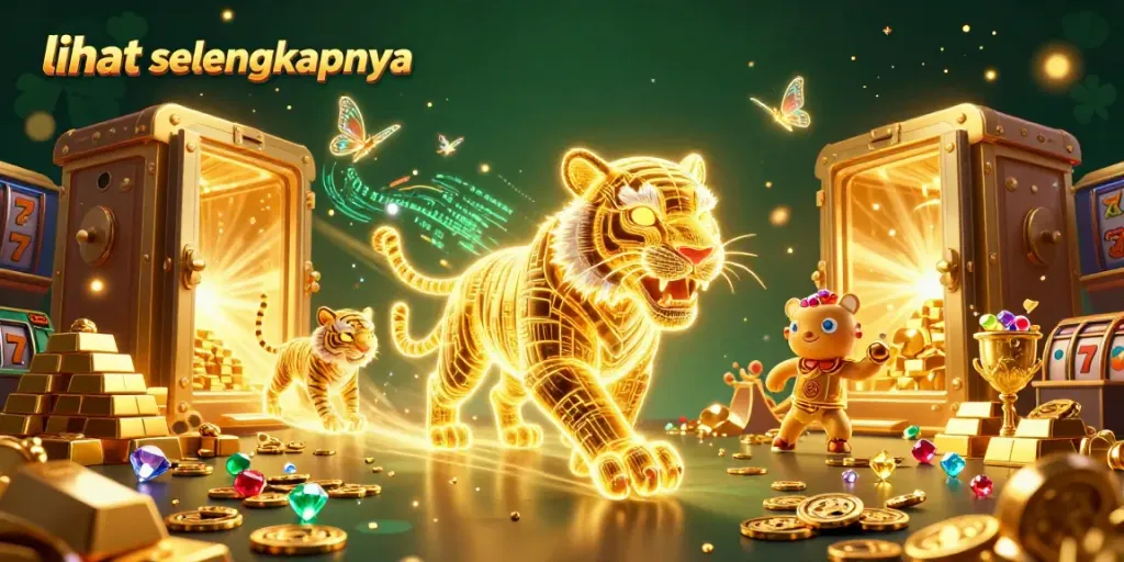 Melihat selengkapnya detail di kasino digital dengan harimau emas bercahaya dan elemen slot.