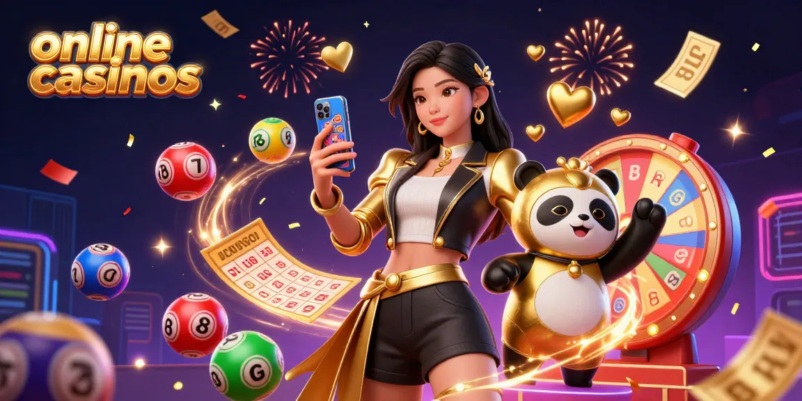 Engaging illustration of online casinos featuring a woman playing a casino game alongside a fun panda mascot amidst colorful game elements.