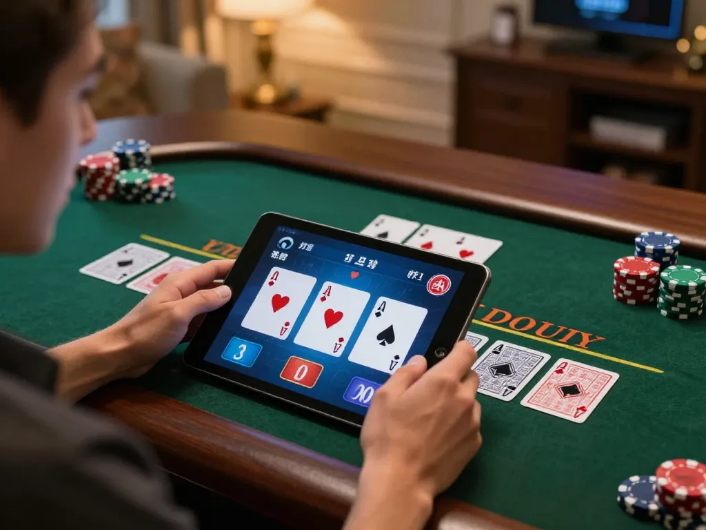 Engaging in an online casino game at home with lc88, showcasing a player using a tablet for blackjack.