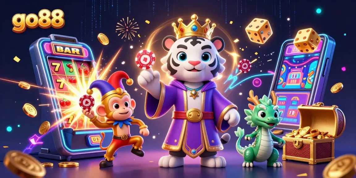 Experience go88 thrills with a vibrant casino illustration featuring animated slot machines and playful characters.