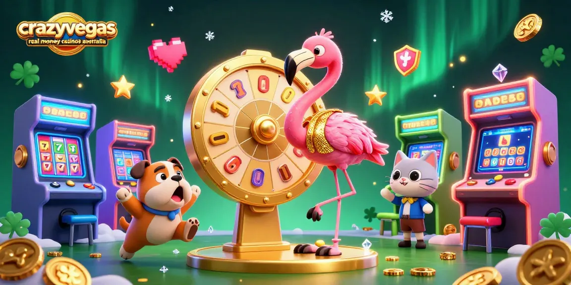 Join the excitement at crazyvegas real money casinos australia as a flamingo hosts a vibrant prize wheel.