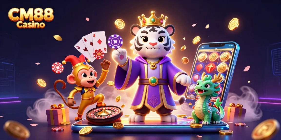Experience excitement at CM88 Casino with a vibrant 3D illustration of gaming characters and elements.