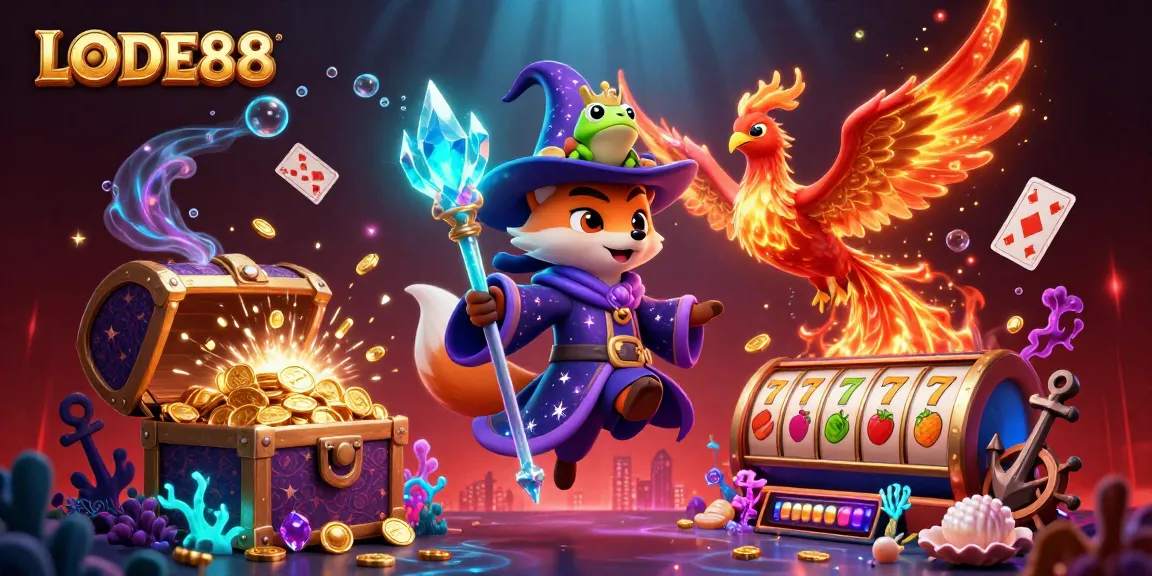 Experience LODE88 with a cartoon wizard fox and dynamic casino elements in a magical scene.