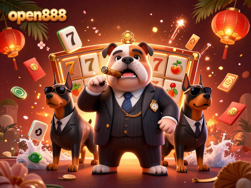 Experience the rich visuals of open888, featuring a mafia bulldog and Doberman bodyguards in a bustling casino scene.