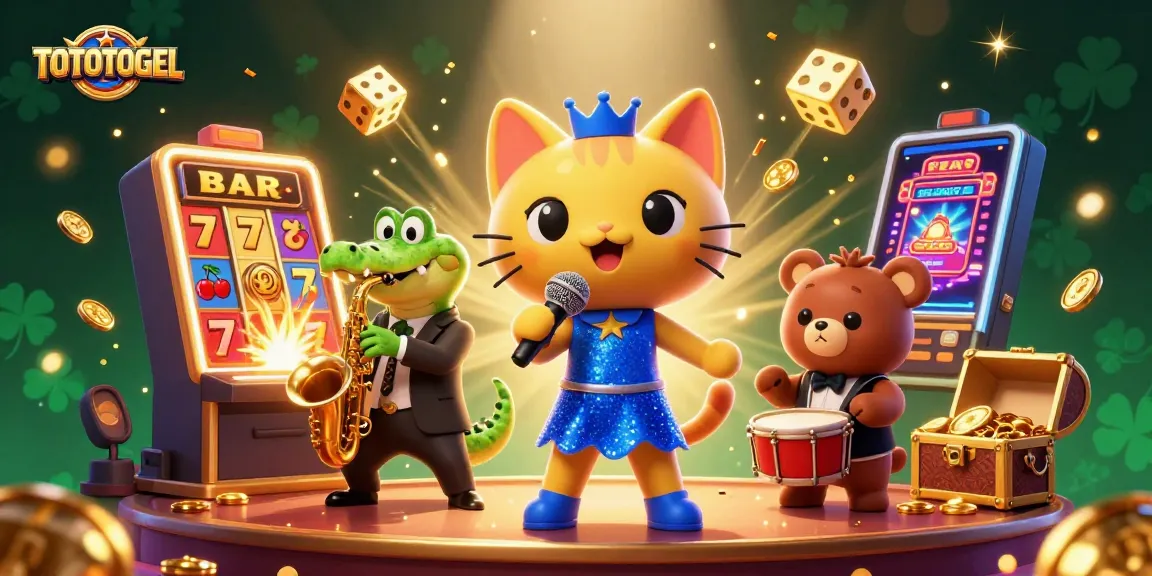 TOTOTOGEL brings excitement to casino gaming with a lively jazz-singer cat, saxophone crocodile, and drum bear in an energetic scene.