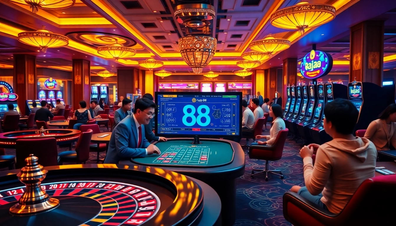 Casino gaming scene with raja 88 online interface, highlighting excitement and professionalism.