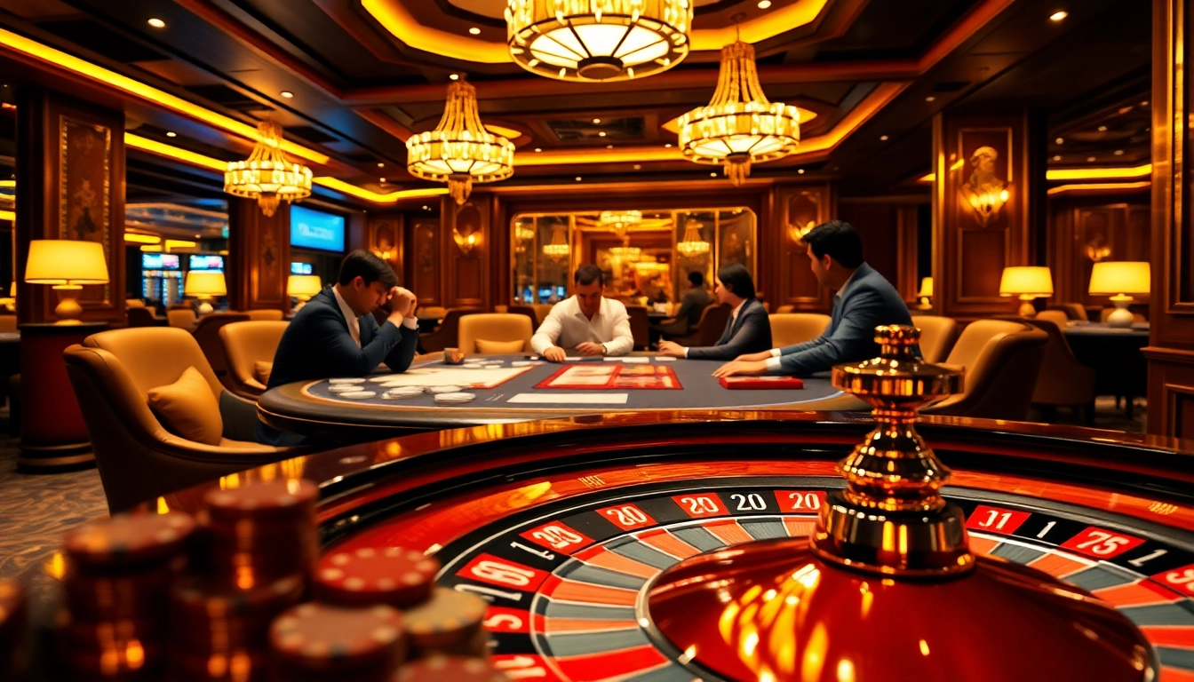Experience the thrill of gamebaidoithuong at a luxurious casino poker table with engaging players.